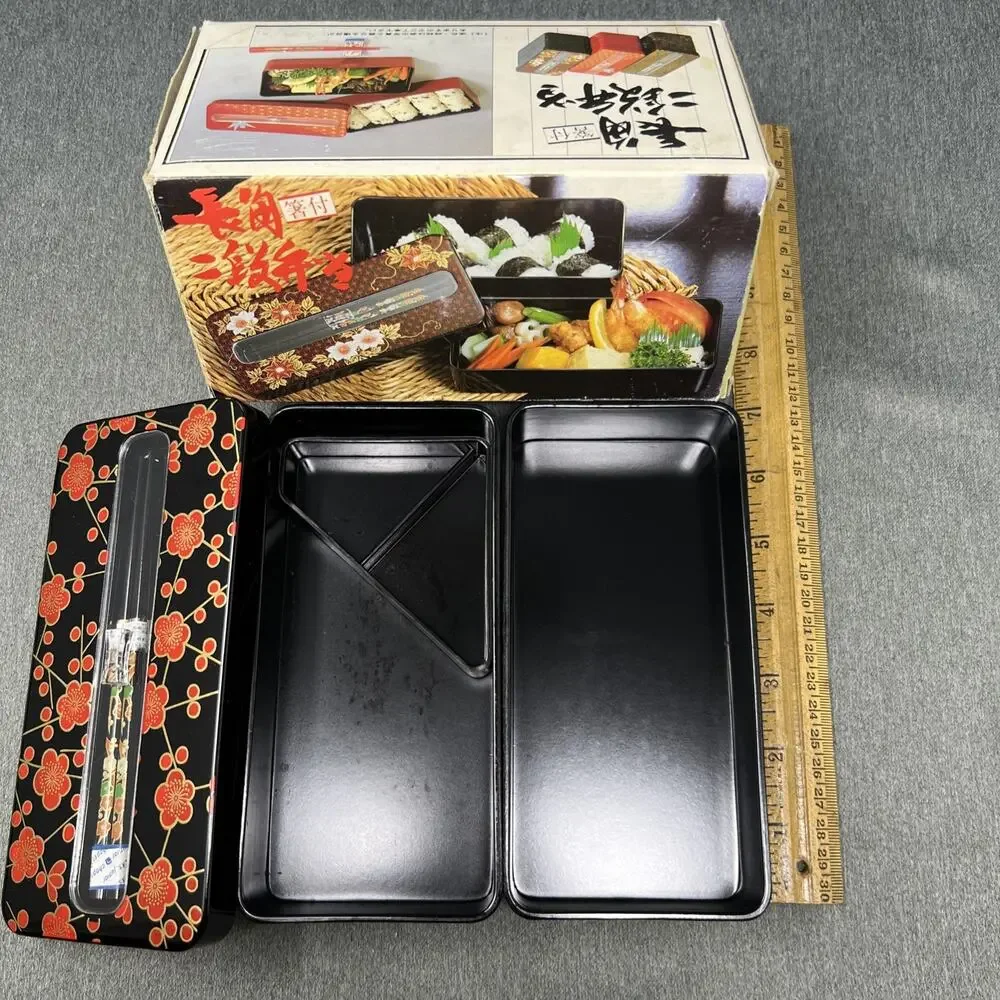 Vintage Japanese 2 Tier Bento Box Lacquerware Black Red Floral with Chopsticks